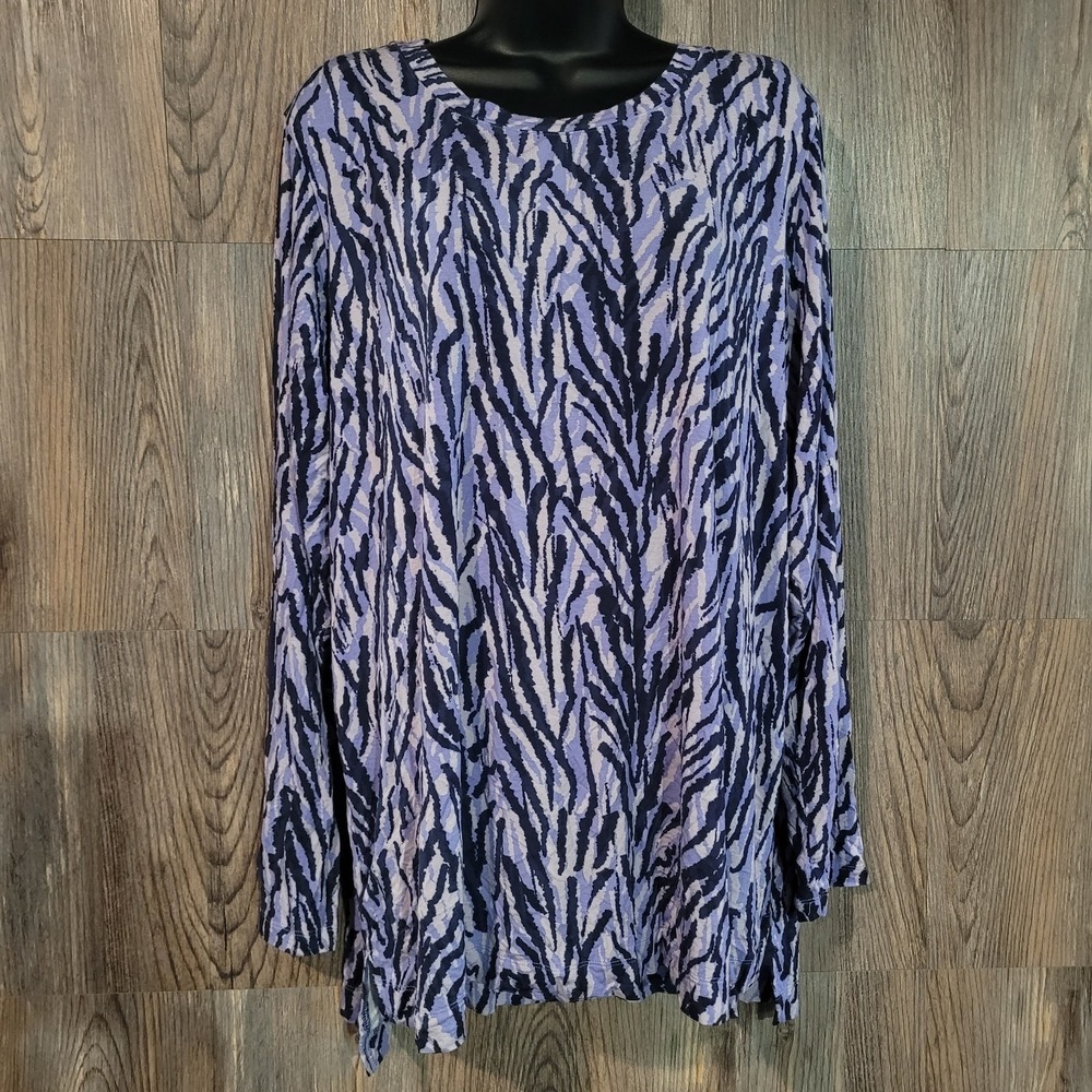 Belle by Kim Gravel Tunic Top Size 2X Purple Abstract Animal Print Long Sleeve